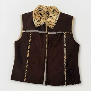 Lisa International brown faux suede vest w/ leopard faux fur trim, Reversible